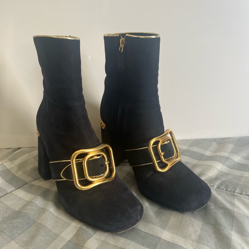 PRADA Woman Vintage Boots Blue Suede with Gold Metal buckles